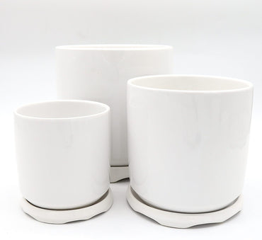 Indoor White Ceramic Pot with attached Saucer