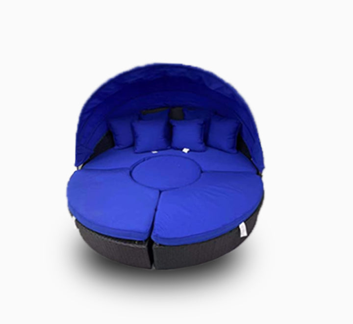 Circular Wicker Rattan Patio Daybed with Canopy Blue